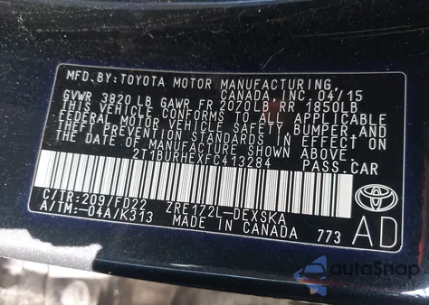 2015 Toyota Corolla S Plus z USA, uszkodzony, nr VIN 2T1BURHEXFC413284
